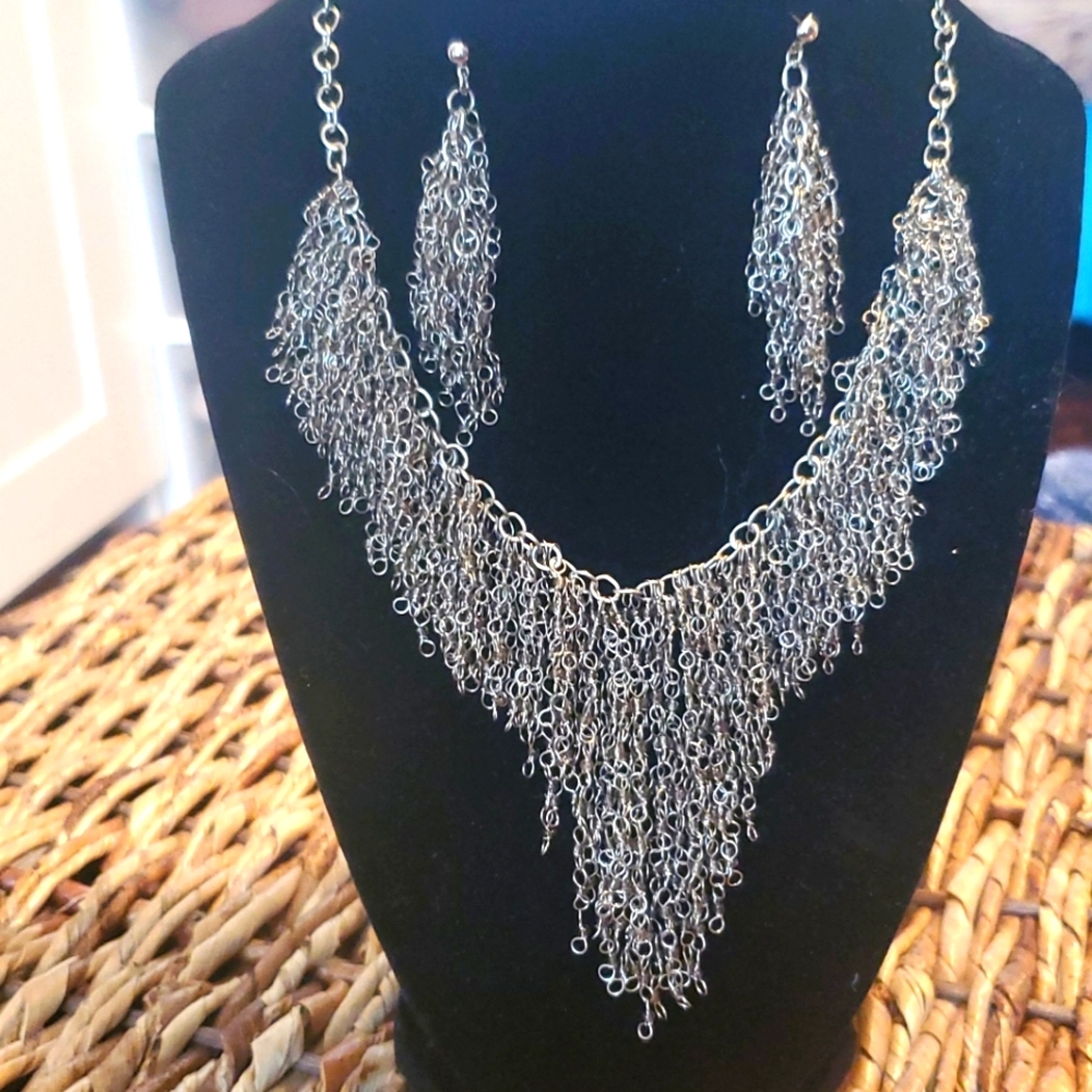 Statement chain fringe necklace and earring set